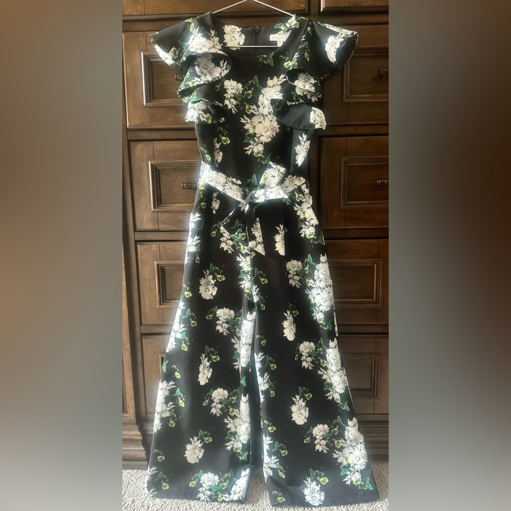 GB Girls Tie Front Ruffle Sleeve Jumpsuit w Pockets - Black Floral - Size 12